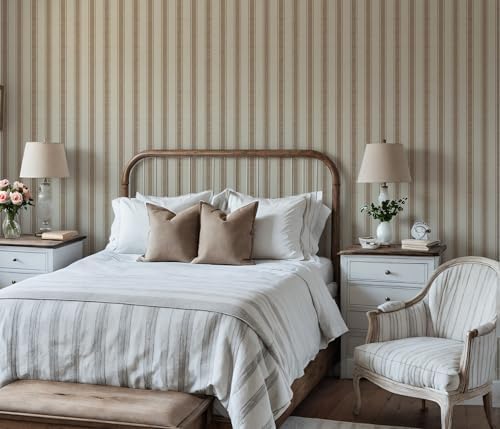 RollsRolla Neutral Beige Stripe Peel and Stick Fabric Canvas Wallpaper - Image 3