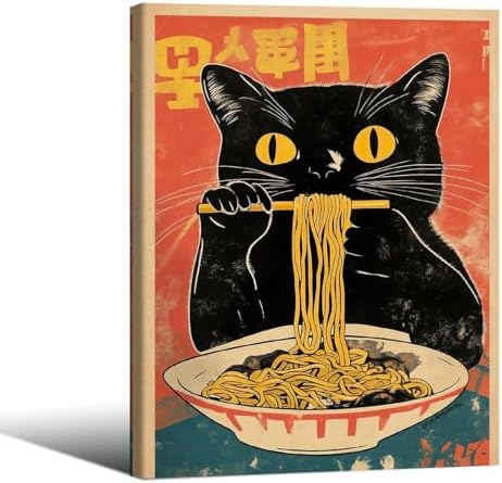 Framed Canvas Wall Art Posters Vintage Funny Black Cat Eating Ramen Unique by Unknown