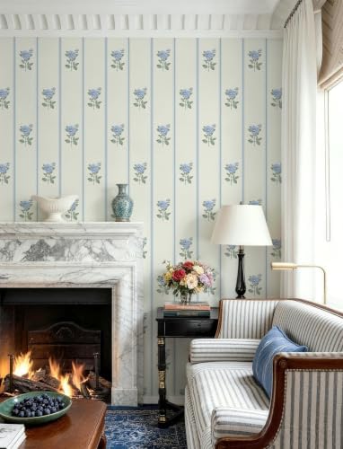 Guvana Peel and Stick Wallpaper Blue Stripe Wall Paper Floral Contact Paper - Image 2