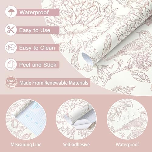 Safiyya Pink Peel and Stick Wallpaper Floral Birds Butterfly Contact Paper - Image 6
