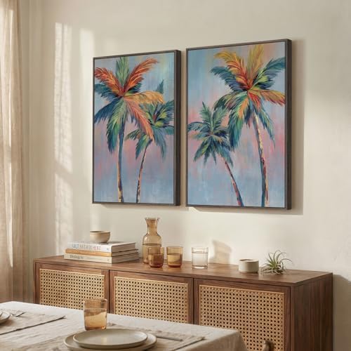 Framed Coastal Colorful Palm Tree Set of 2 Wall Art Bedroom, 16x24 Inch - Image 2