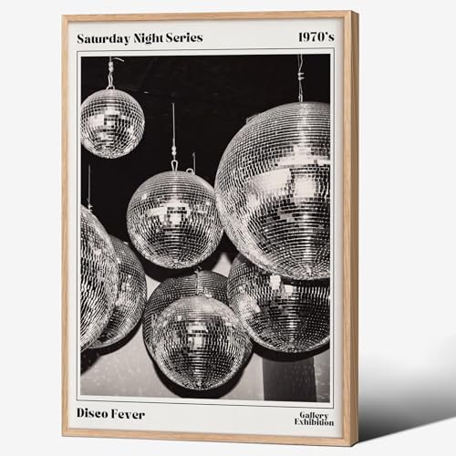 70s Disco Ball Wall Art 12x18in Wood Grain Frame Vintage Black and White by Unknown