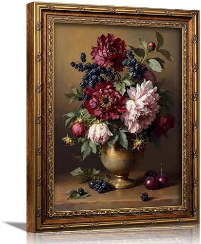 xikafou 3D Textured Canvas Wall Art, Vintage Carved Gold Frame, Peony by Wallart