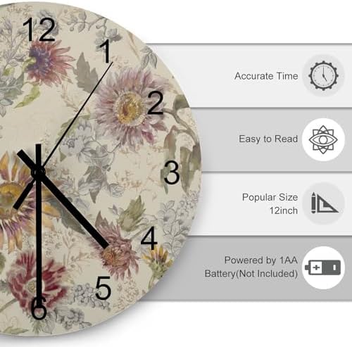 Retro Floral Wall Clock, William Morris Style Vintage Sunflower Garden Plants - Image 3