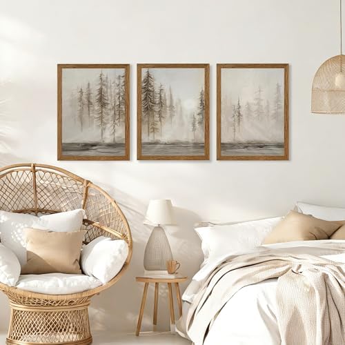 Urmoya Triptych Neutral Misty Forest Framed Canvas Wall Art, 12x16 inch x3 - Image 5