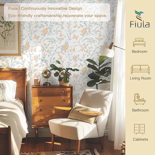 Yellow Wallpaper Floral Peel and Stick Wallpaper Boho Light Blue and Yellow - Image 2