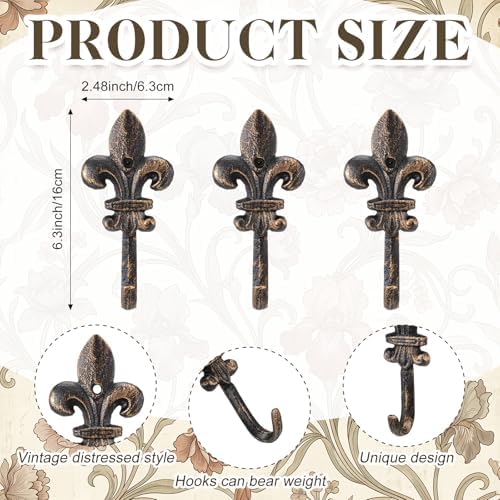 Hicarer 3 Pcs Fleur De Lis Wall Hooks Cast Iron Hangers - Image 2