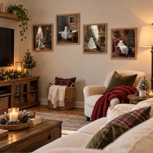 4Pcs Framed Vintage Christmas Cute Ghost And Black Cat Wall Art 12x16inch - Image 4