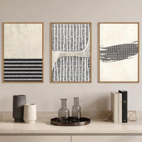 Aryroi Black Beige Abstract Minimalist Framed Canvas Wall Art Set-16"x24"x3 - Image 2