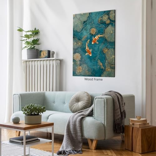 Vintage Japanese Canvas Wall Art Oriental Asian Koi Fish Psoters Emerald Green - Image 5