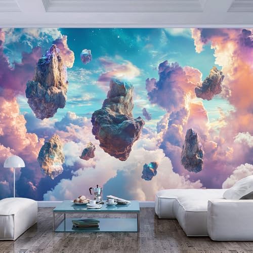 Colorful Decorative Wall Mural Wallpaper Floating Rocks Clouds Surreal Style by Unknown