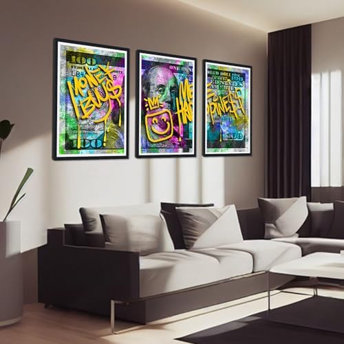 Black Framed Canvas Wall Art 100 Dollar Money Buy Me Happiness Painting 3 Panels - Image 2