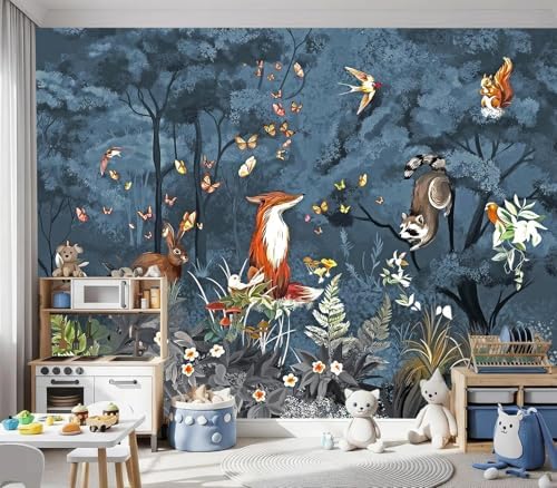 Charming Blue Forest Fox Raccoon Rabbit Kids Wallpaper - Image 2