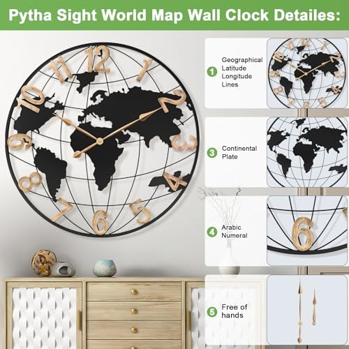 Pytha Sight 36 Inch Large Extra Metal Oversized Arabic World Map Wall Clock - Image 2