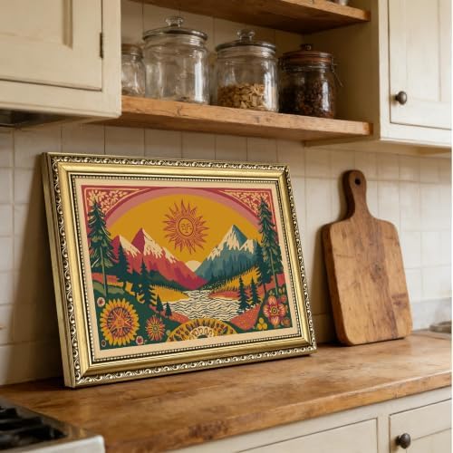 Gold Framed Boho Canvas Wall Art, Abstract Mountain Sun Print - Image 2