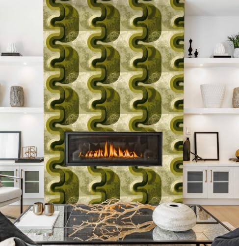 Olive Green Abstract Peel and Stick Wallpaper, Mid Century Modern Geometric - Image 3