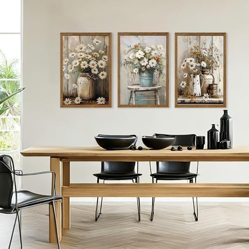 DUWQU Triptych Rustic Farmhouse Daisy Framed Canvas Wall Art 20x30 inch x3 - Image 2