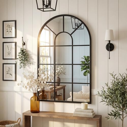 Black Arched Window Mirror | Farmhouse Decorative Wall Mirrors by SalkalaDecor
