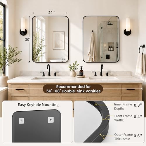 2-Pack 24x30 Inch Matte Black Rounded Rectangle Vanity Mirrors - Image 3