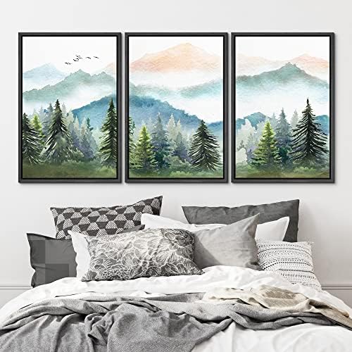 MUDECOR Framed Canvas Print Wall Art Set Watercolor Pastel Mountain Range Pine - Image 2