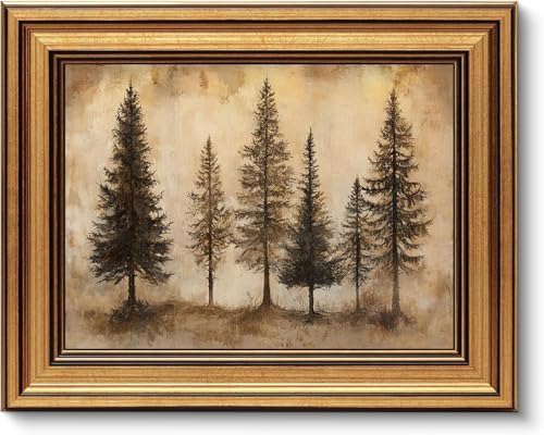 Gold Framed Wall Art, Vintage Pine Trees Canvas Prints, Rustic Nature Woodland by YDNAKLX