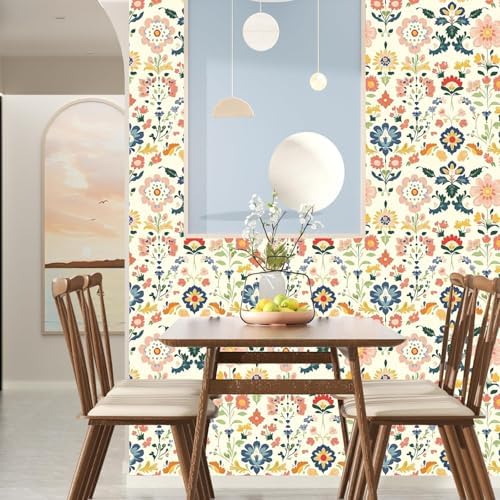 ILHIIOR Pink Floral Peel and Stick Wallpaper Boho 17.5 x 393 Inches - Image 2
