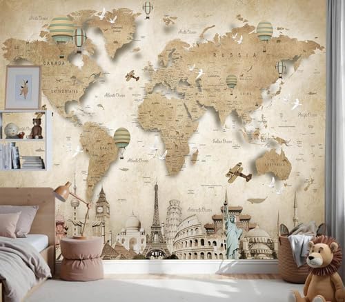 Vintage World Map Landmarks Hot Air Balloon Kids Wallpaper - Image 2