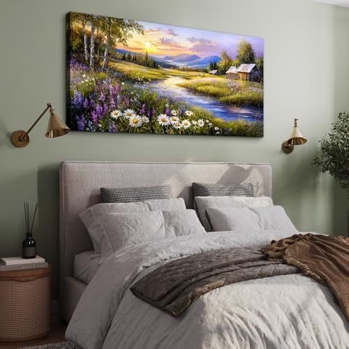 SERIMINO Large Landscape Wall Art, Meadow Wildflower Canvas Art 29"X57" - Image 3