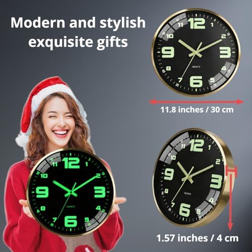 Wall Clock 12 Inch Luminous Silent Large Numerals Black, Metal Frame 1-Pack - Image 2