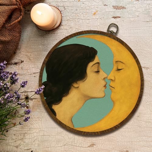 Retro Celestial Decor, Romantic Moon and Young Girl Round Wall Art, - Image 2
