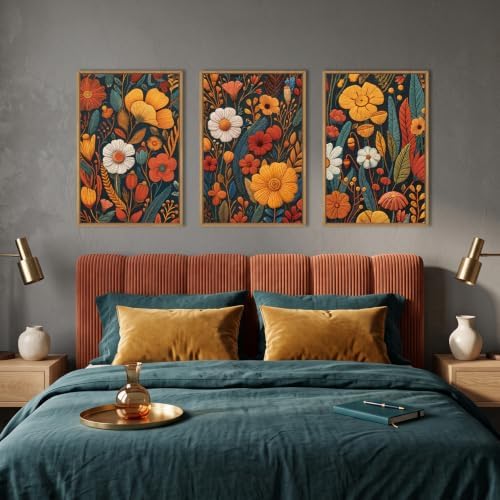 Large Boho Floral Framed Canvas Wall Art Set 16"x24"x3 - Image 4
