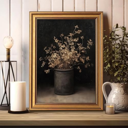 Gold Framed Moody Floral Wall Art, Vintage Fall Dried Flowers Vase Pictures - Image 5