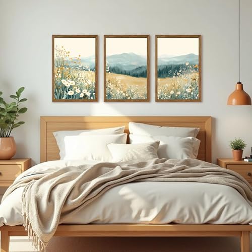 AVECCO 3 Pieces Wildflower Meadow Mountain Framed Canvas Wall Art 16x24 in - Image 4