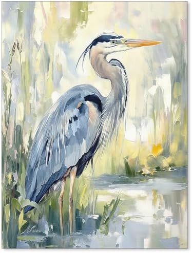 Blue Heron Canvas Wall Art Watercolor Sea Bird Poster Coastal Nature Wildlife by Unknown