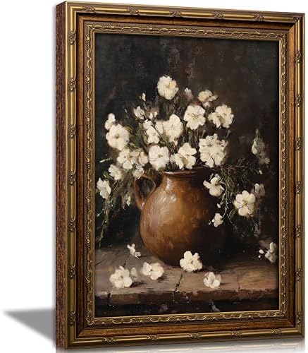 Vintage Gold Framed White Floral Wall Art, Rustic Flower Botanical Still Life by VintageGoldFramedWallArt