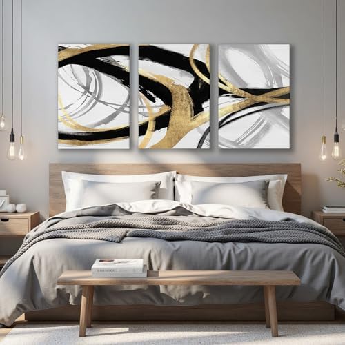 DUWQU Triptych Black Gold White abstract Lines Canvas Wall Art 20x30 in x3 - Image 5