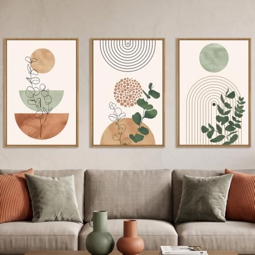 Boho Abstract Terracotta Green Framed Canvas Wall Art Set -24"x36"x3 by Ausril