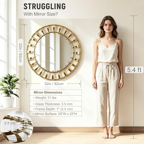 Round Gold Sunburst Mirror Mid-Century Metal Frame Wall Decor 32" - Image 5