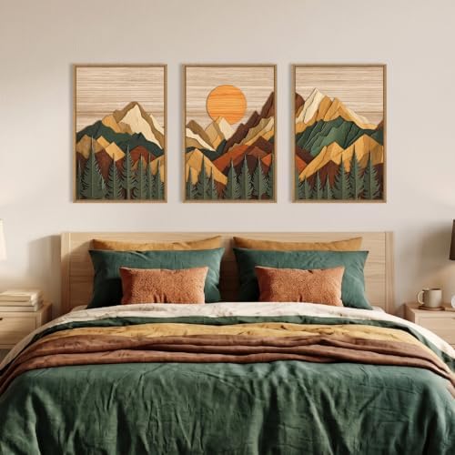 Boho Woodcut Style Mountain Framed Canvas Wall Art Set-24"x36"x3 - Image 4