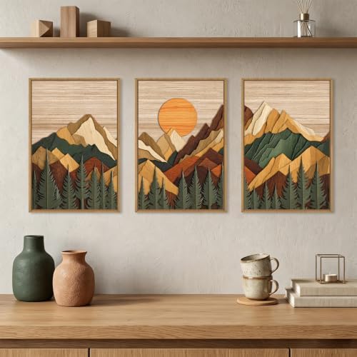 Boho Woodcut Style Mountain Framed Canvas Wall Art Set-24"x36"x3 - Image 2