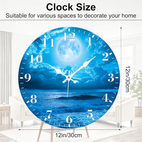 12" Silent Wall Clock, Round Wall Clock, Moon Ocean Waves - Image 2