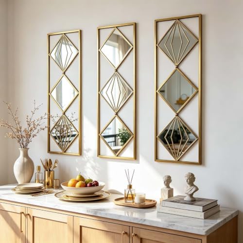 Set of 3 Gold Wall Mirrors, Large Geometric Decorative Mirrors - Image 6