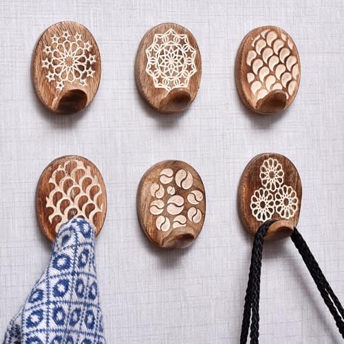 Indian Shelf 6 Boho Wood Adhesive Wall Hooks Peel Stick by IndianShelf