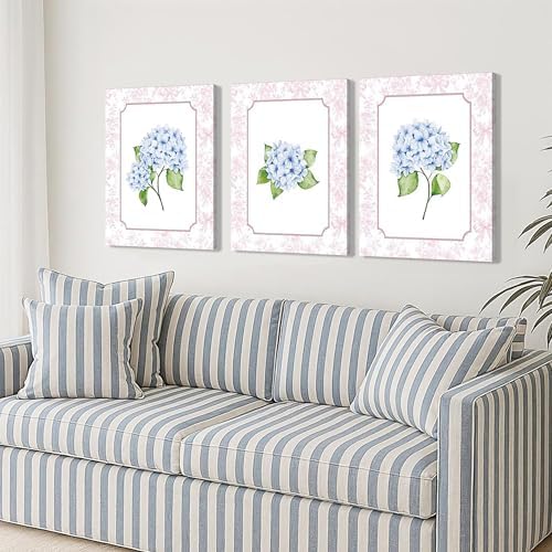 Blue Hydrangea Wall Art Set of 3, Preppy Blue Hydrangea Canvas Prints Poster - Image 7