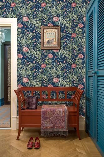 Navy Bird and Floral Peel and Stick Wallpaper Vintage 17in x 118in - Image 3