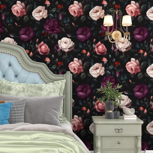 BOKEBEVE Dark Floral Wallpaper Peel and Stick Vintage Purple 17.5 x 393.5In - Image 6