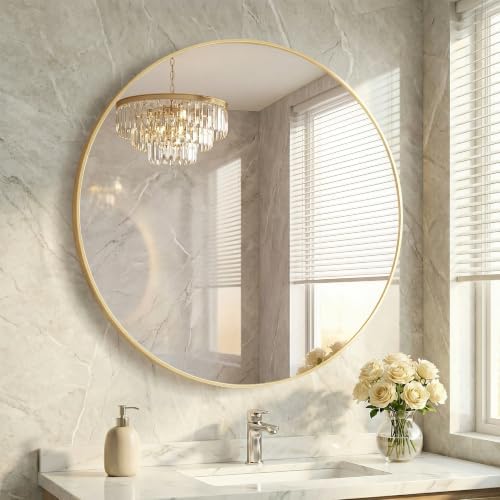 36 Inch Gold Round Bathroom Wall Mirror, Round Mirrors by HAPPYMONTLLC