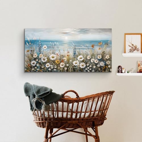 SERIMINO Coastal Landscape Wall Decor, Beach Daisy Canvas Prints 24"X48" - Image 6