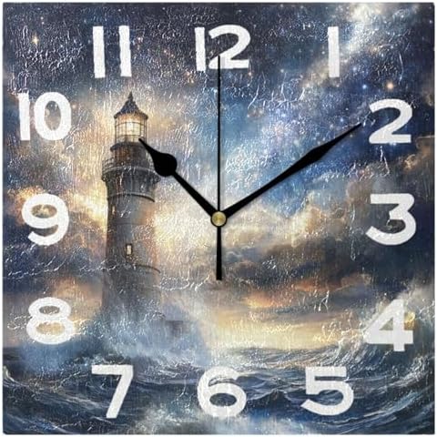 3D Beautiful Night Sky Lighthouse Square Wall Clock, 8 Inch Standard Non by Peystean