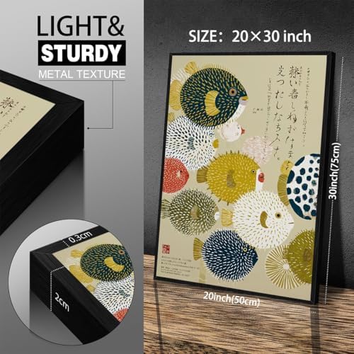 Black Framed Japanese Canvas Wall Art Vintage Puffer Fish Prints Posters - Image 2